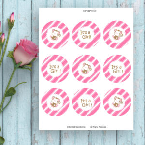 It's A Girl-Pink Round Diagonal Stripes Cupcake Topper-Printable Tags-Monkey