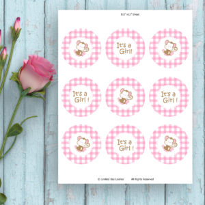 It's A Girl-Pink Round Gingham Cupcake Topper-Printable Tags-Monkey