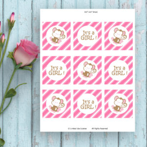 Baby Shower-Pink Diagonal Stripes-Monkey Printable Tags-Its A Girl