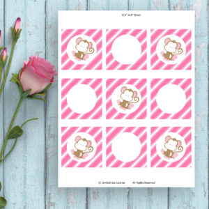 Baby Shower-Pink Diagonal Stripes-Monkey Printable Tags