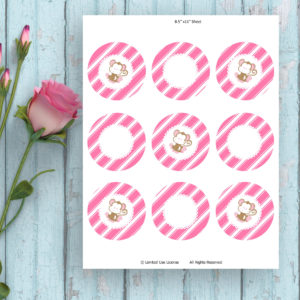 Pink Round Diagonal Stripes Cupcake Topper-Printable Tags-Monkey